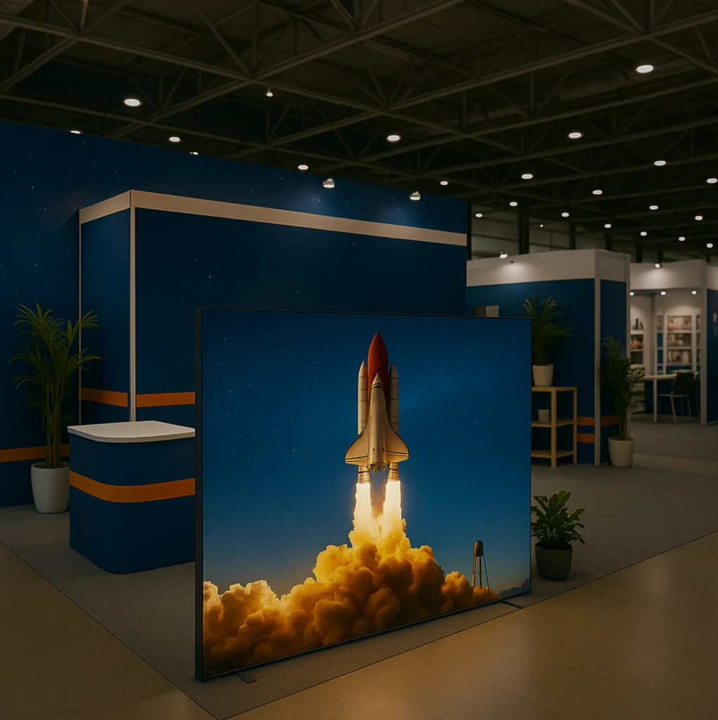 Cadre lumineux dynamique ARKA exposé dans un salon professionnel avec animation LED de fusée
