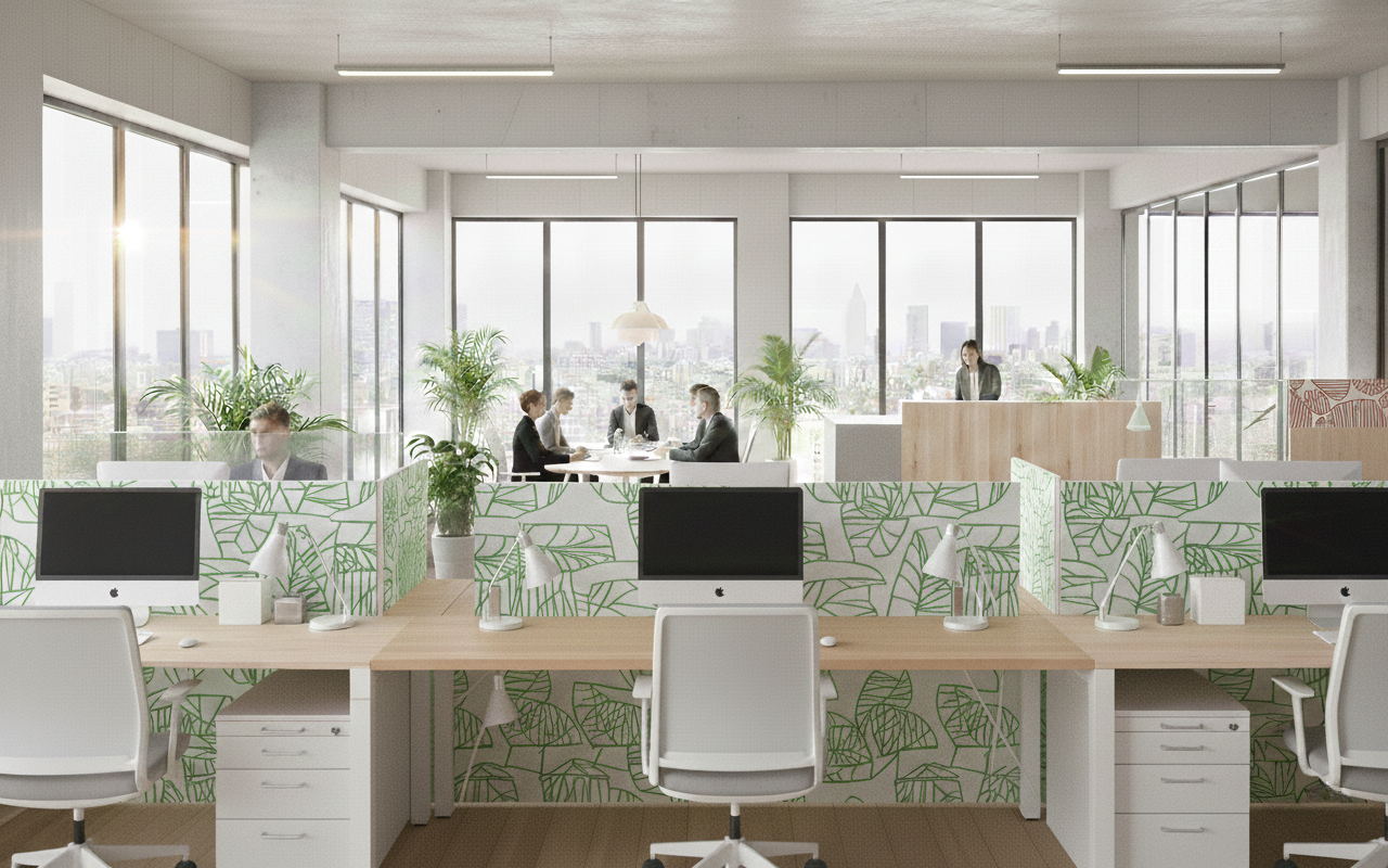 Séparateurs de bureau acoustiques ARKA avec motif végétal pour l'isolation phonique d'un open space lumineux